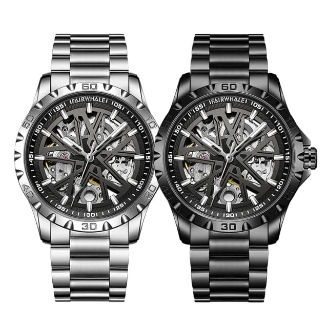 【Mark Fairwhale 馬克菲爾】6580 雙面鏤空幾何流線 科幻宇宙青春張揚夜光紳士男士 不鏽鋼機械腕錶 手錶