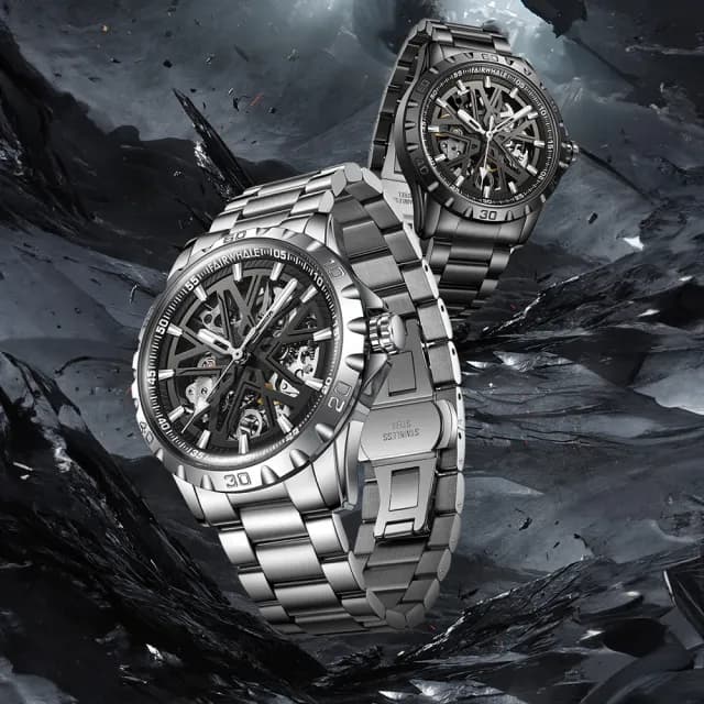 【Mark Fairwhale 馬克菲爾】6580 雙面鏤空幾何流線 科幻宇宙青春張揚夜光紳士男士 不鏽鋼機械腕錶 手錶