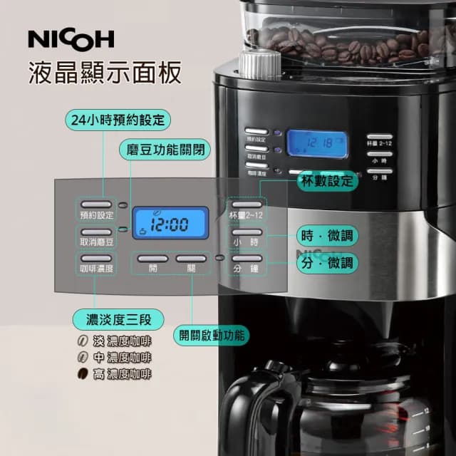 【NICOH】日本NICOH美式12杯自動錐磨咖啡機A(NK-C121)