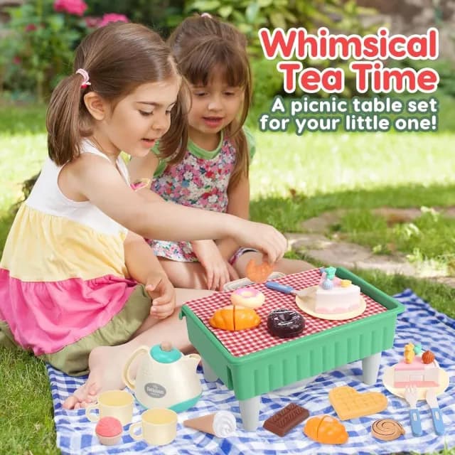 【CuteStone】兒童仿真餐具與切切樂與收納野餐提籃套裝玩具47件組(廚房玩具組 露營玩具 兒童益智玩具)