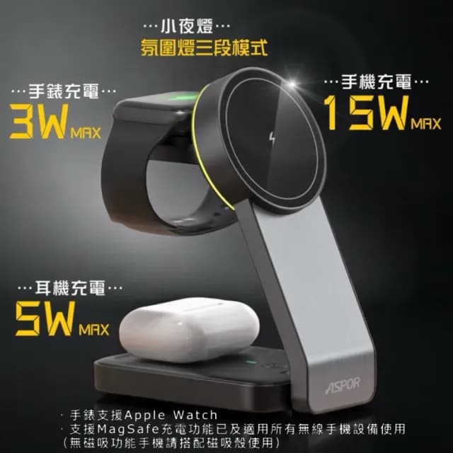 【ASPOR】23W 折疊多合一磁吸無線充電座(手機/手錶/耳機)