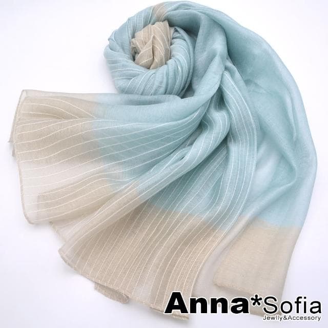 【AnnaSofia】真絲羊毛混紡大尺寸披肩絲巾圍巾-粉彩直條紋拼色 現貨(藍系)