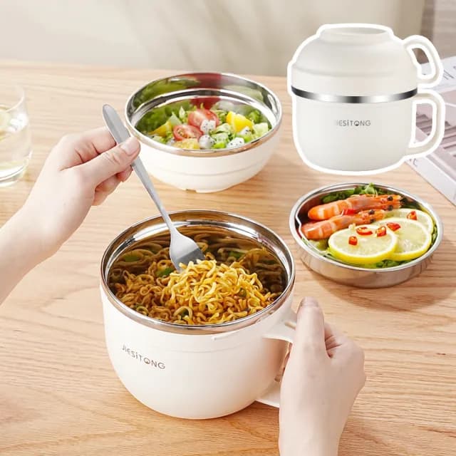 【奶白餐廚】304不鏽鋼3層泡麵碗(防燙把手 手提碗 餐盒 飯盒 便當盒 學生 沙拉碗 野餐露營 環保餐具)