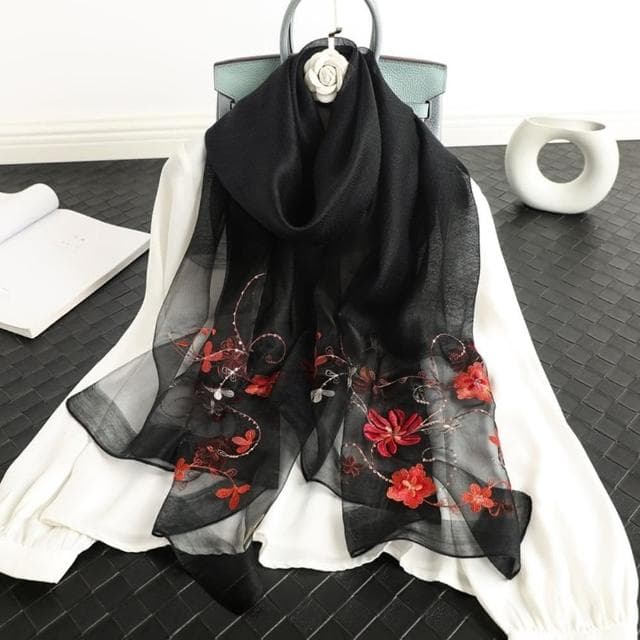 【巴黎精品】現貨+預購 真絲絲巾羊毛圍巾(薄款繡花紗巾桑蠶絲女配件9色a1gt28)