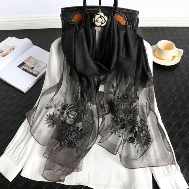 【巴黎精品】現貨+預購 真絲絲巾羊毛圍巾(繡花桑蠶絲拼接紗巾女配件9色a1gt42)