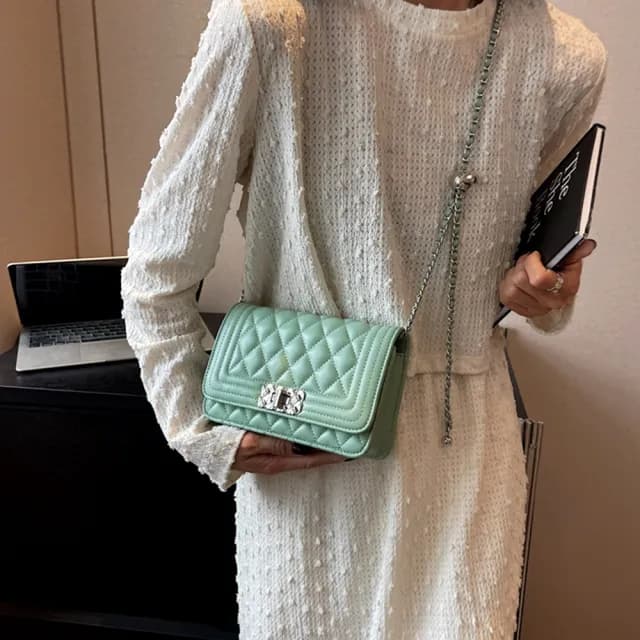 【LEEHER】情人節禮物 七夕 女生/包包/斜背包/菱格紋包/小香風包包/鏈條包/時尚小方包/單肩斜背/方胖子/精
