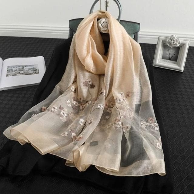【巴黎精品】現貨+預購 真絲絲巾羊毛圍巾(平紋花枝刺繡桑蠶絲女配件7色a1gt40)