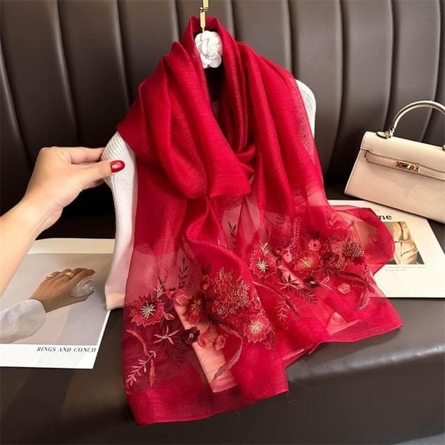 【巴黎精品】現貨+預購 真絲絲巾羊毛圍巾(桑蠶絲拼接紗巾刺繡女配件11色a1gt21)