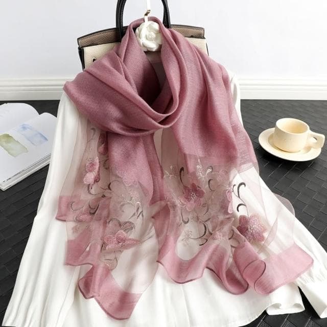 【巴黎精品】現貨+預購 真絲絲巾羊毛圍巾(桑蠶絲薄紗刺繡花卉女配件9色a1gt11)