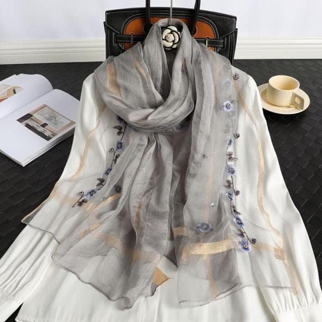 【巴黎精品】現貨+預購 真絲絲巾羊毛圍巾(桑蠶絲花卉刺繡紗巾女配件7色a1gt29)