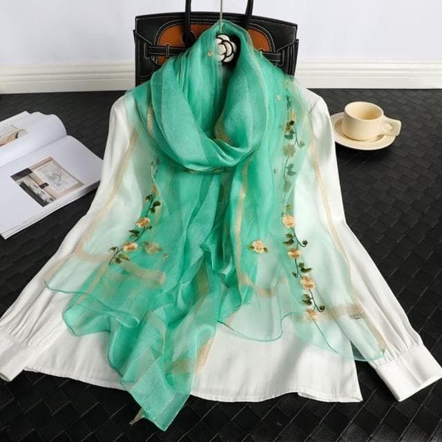 【巴黎精品】現貨+預購 真絲絲巾羊毛圍巾(桑蠶絲花卉刺繡紗巾女配件7色a1gt29)