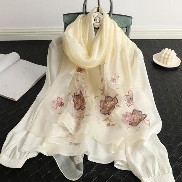 【巴黎精品】現貨+預購 真絲絲巾羊毛圍巾(蘭花刺繡桑蠶絲薄款女配件9色a1gt38)