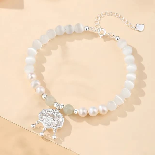 【LEEHER】雙11 串珠手鍊/千足銀手鍊/手環/天然貓眼石/珍珠手鍊/手鍊/平安鎖手鍊/女手鍊/新中式