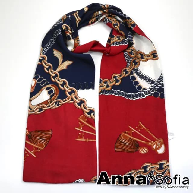 【AnnaSofia】仿絲領巾絲巾圍巾-歐美鎖鏈 窄版緞面 現貨(紅藍系)