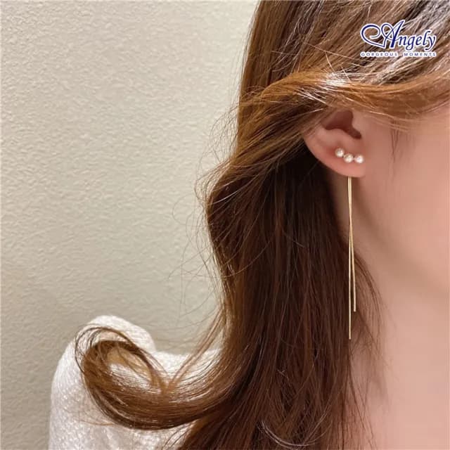 【Angely】氣質貝珠流蘇針式耳環-串
