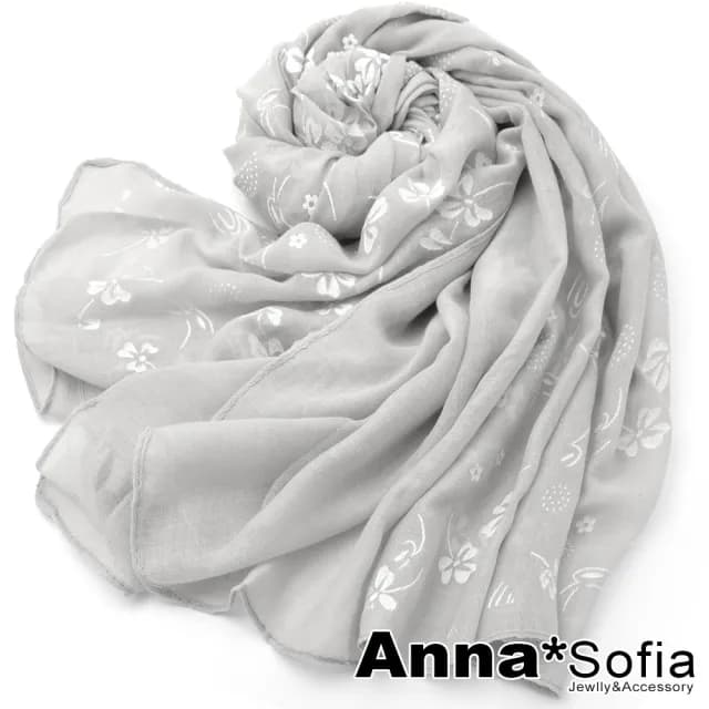 【AnnaSofia】柔軟棉麻感披肩圍巾-蕾絮絨花 現貨(灰系)