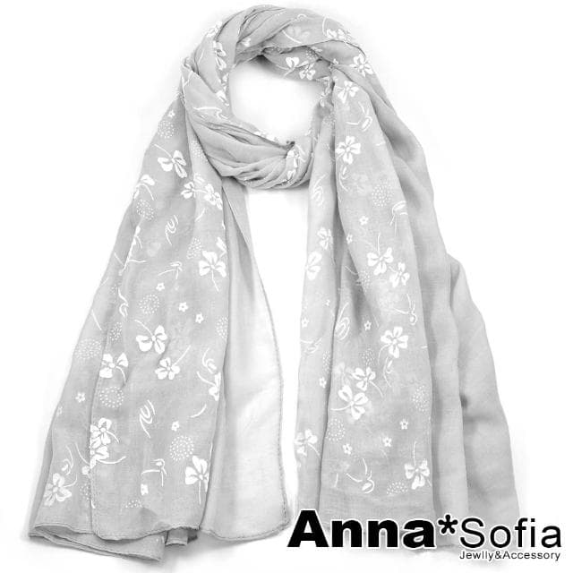 【AnnaSofia】柔軟棉麻感披肩圍巾-蕾絮絨花 現貨(灰系)