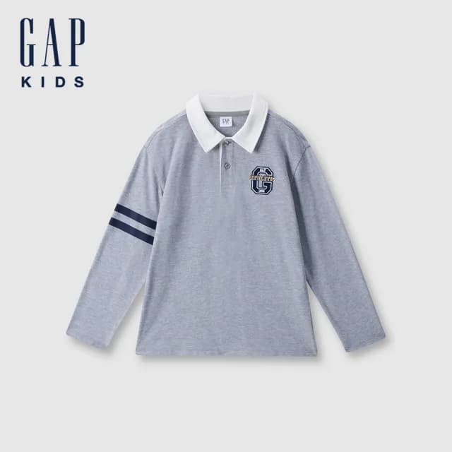【GAP】兒童裝 Logo純棉刺繡長袖POLO衫-灰色(641912)
