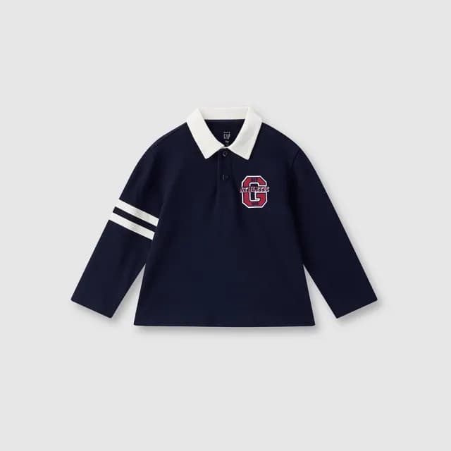 【GAP】兒童裝 Logo純棉刺繡長袖POLO衫-海軍藍(641912)