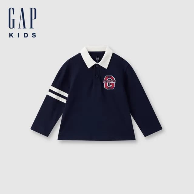 【GAP】兒童裝 Logo純棉刺繡長袖POLO衫-海軍藍(641912)