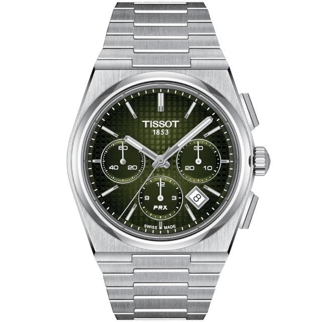 【TISSOT 天梭 官方授權】PRX系列 復古風酒桶型三眼計時機械錶-41.5mm/綠 情人節 禮物(T1374271109100)