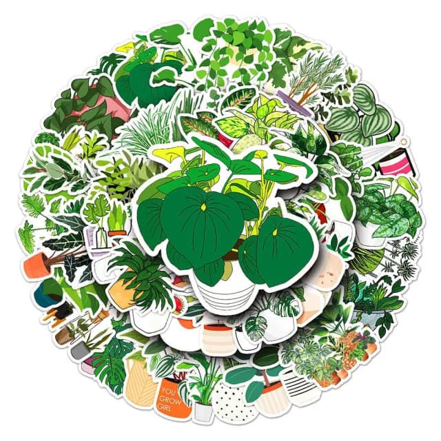 【Paper Play】創意多用途防水貼紙-手繪綠色植物盆栽 50枚入(防水貼紙 行李箱貼紙 手機貼紙 水壺貼紙)