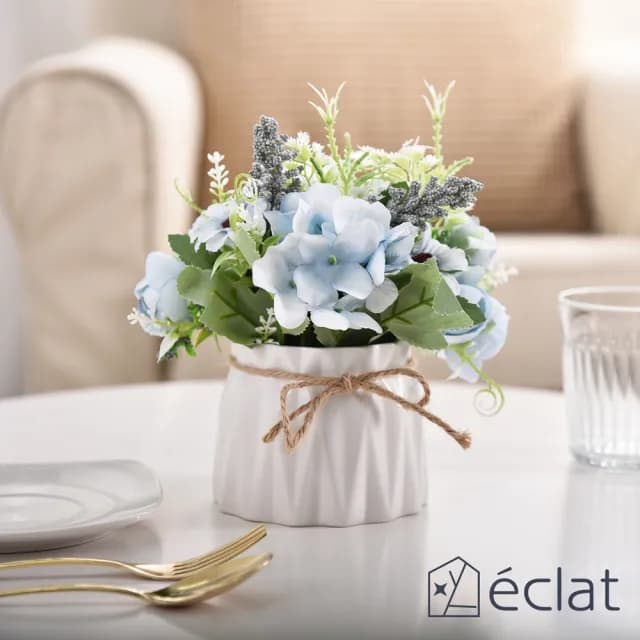 【Eclat】北歐ins風仿真迷你療癒陶瓷麻繩小盆栽/桌面裝飾擺設/花藝擺件_5款一組(仿真植物 仿真綠植物)