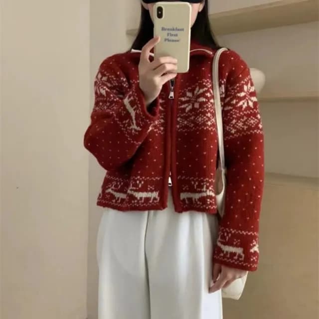 【巴黎精品】情人節禮物 現貨+預購 針織外套長袖毛衣(復古聖誕風提花短款女外套3色a1hj24)