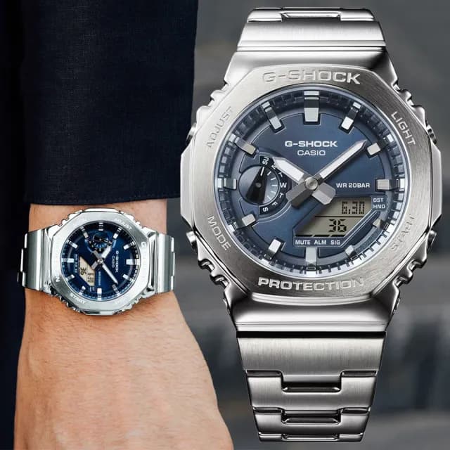 【CASIO 卡西歐】G-SHOCK 八角金屬雙顯腕錶 禮物 送禮 推薦(GM-2110D-2B)