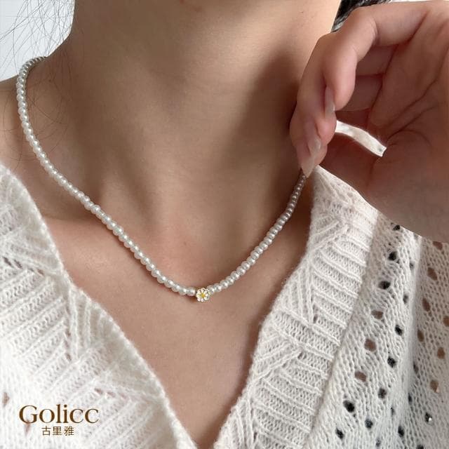 【Golicc】清新小雛菊珍珠鎖骨鍊(母親節 生日 情人節 鎖骨鍊 項鍊 飾品 禮物)