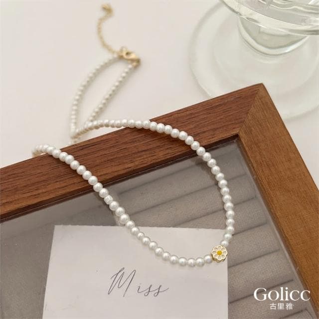 【Golicc】清新小雛菊珍珠鎖骨鍊(母親節 生日 情人節 鎖骨鍊 項鍊 飾品 禮物)