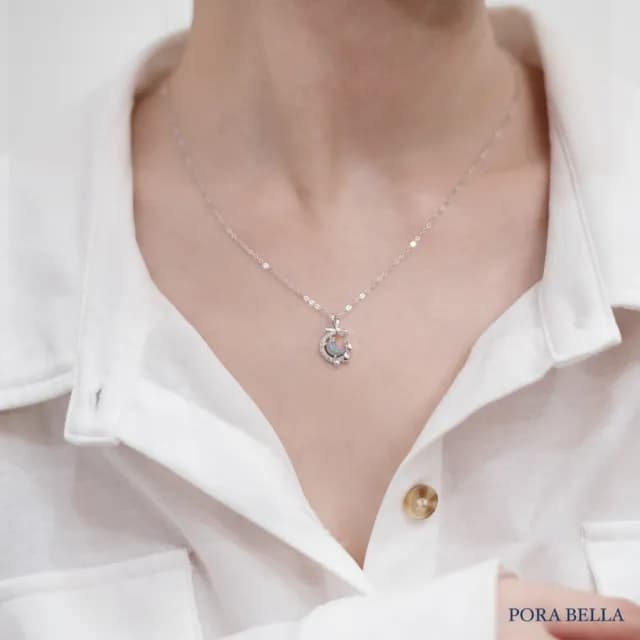 【Porabella】S925純銀星月蝴蝶結項鍊 藍色月亮鎖骨鏈 月亮星星項鏈 鋯石項鍊 生日禮物 Necklace