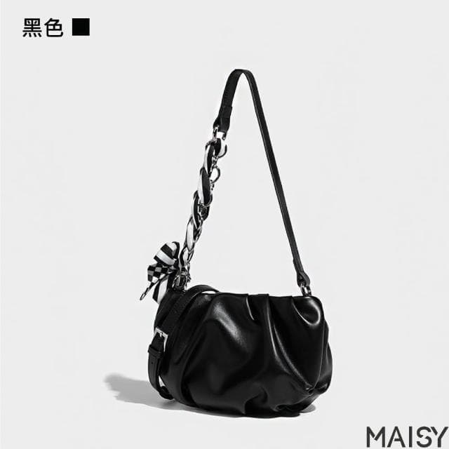 【MAISY】清新時尚絲巾鍊條雲朵包 肩背包 手提包 斜背包(黑色／米色／紫色／黃色)