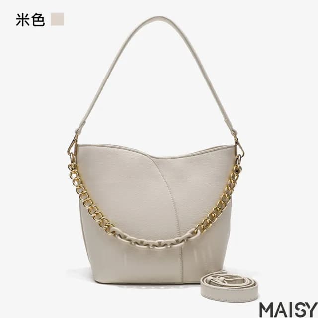 【MAISY】情人節禮物 質感典雅純色大容量鍊條水桶包 肩背包 斜背包(黑色／米色／紅色)