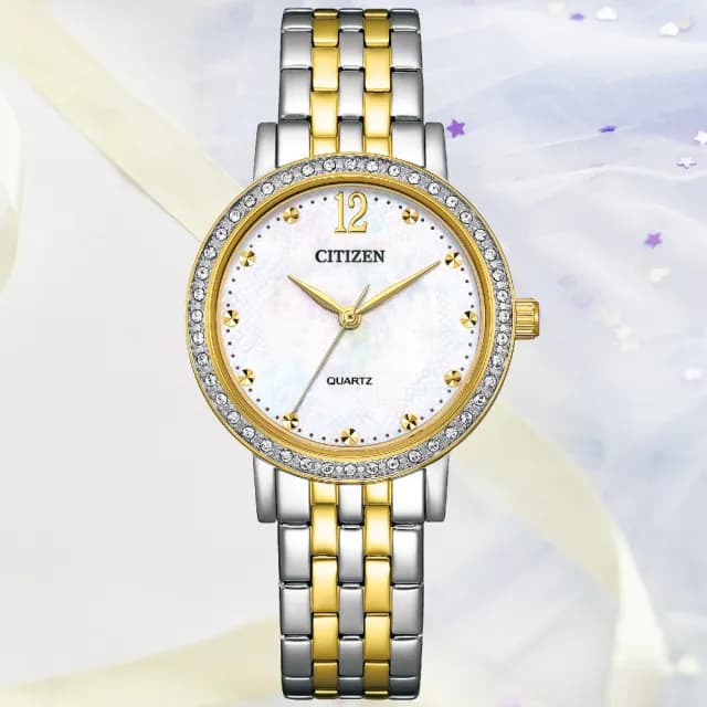 【CITIZEN 星辰】LADYS系列 白蝶貝 時尚晶鑽腕錶 七夕 情人節 送禮 推薦(EL3104-54D)