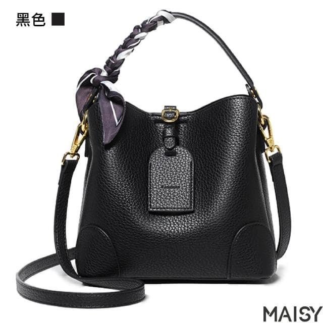 【MAISY】母親節禮物 優雅女士百搭絲巾水桶包(現+預 黑色／米色／卡其色)