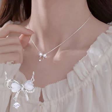 【MoonDy】S999項鍊 足銀項鍊 純銀項鍊 項鍊 蝴蝶結項鍊 貓眼石項鍊 鎖骨鏈 女項鍊 可愛項鍊 生日禮物