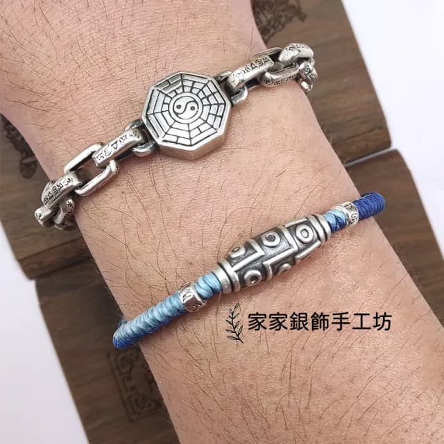 【家家銀飾手工坊】九眼天珠配六字真言闢邪保平安蠟繩手鍊(雙色螺旋紋手工編織蠟繩可戴著洗澡)