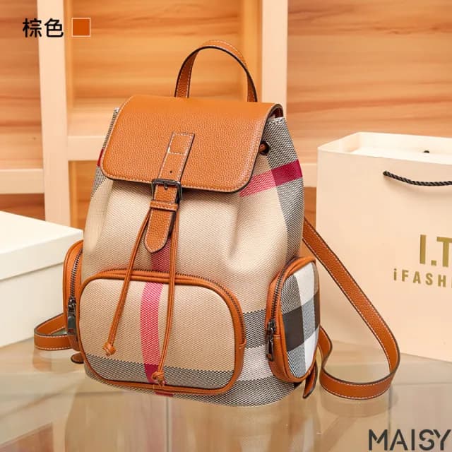【MAISY】情人節禮物 質感時尚拼色格紋真皮雙肩後背包(真皮包包 現+預  棕色)
