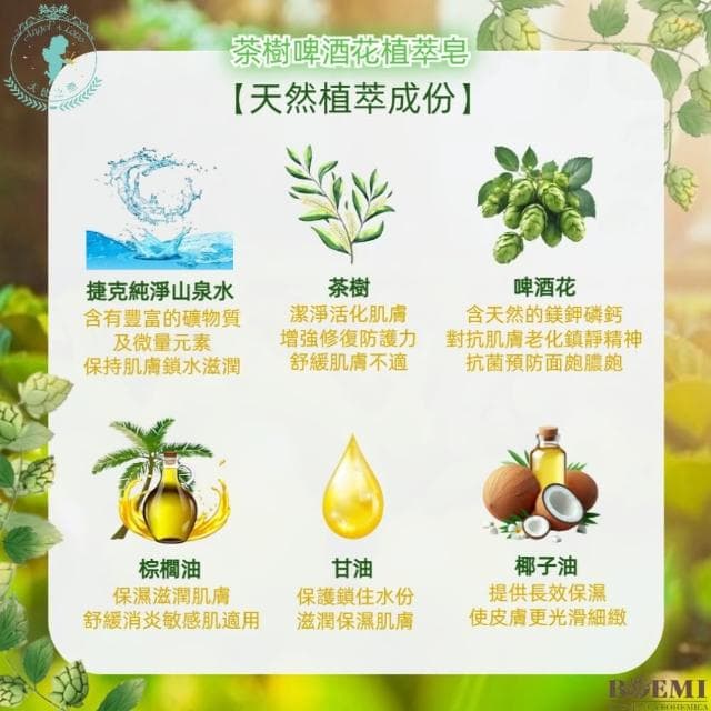 【BOEMI】花醇姿影茶樹啤酒花植萃皂105g(來自捷克頂級植萃保養潤膚手工香皂禮盒)