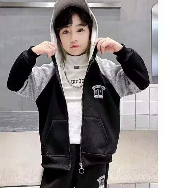 【小衣衫童裝】中大童春秋季數字8拉鍊連帽長袖上衣長褲套裝(1130904)