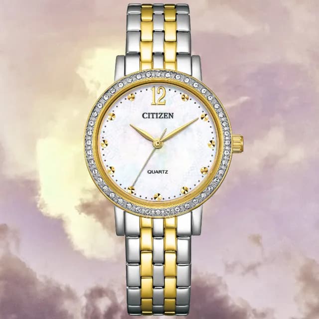 【CITIZEN 星辰】LADYS系列 白蝶貝 時尚水晶腕錶 七夕 情人節 送禮 推薦(EL3104-54D)