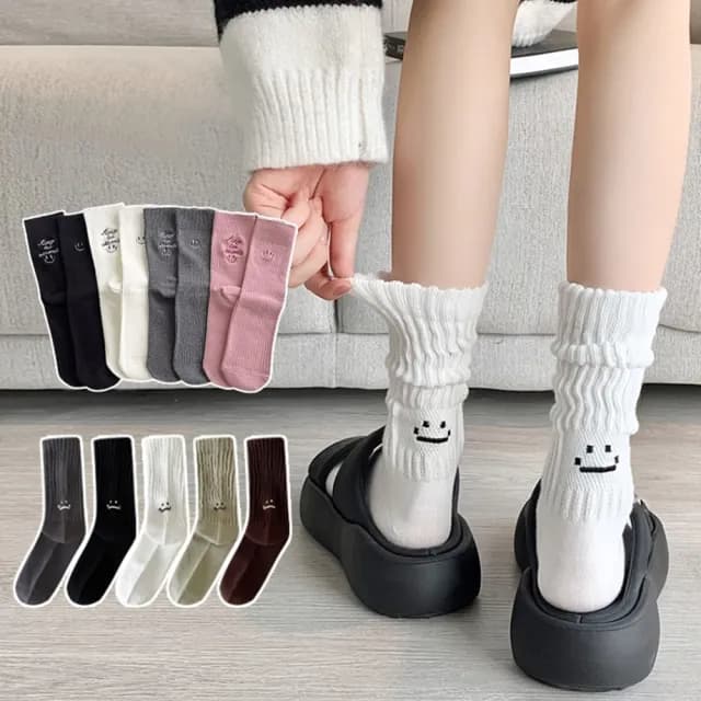 【橘魔法】大人 大童 字母刺繡 坑條微笑中筒襪(小腿襪 長襪 短襪 襪子 配件 童裝)