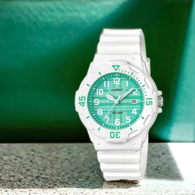 【CASIO 卡西歐】綠色格紋指針手錶 學生錶 女錶 考試手錶 畢業禮物 送禮(LRW-200H-3CV)