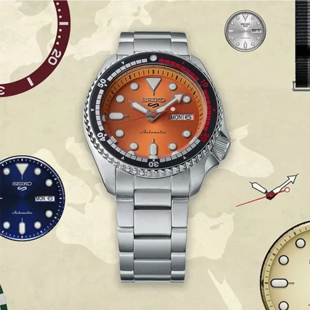【SEIKO 精工】5 Sports 55周年限量 熱帶橘 機械錶 男錶 父親節禮物(SRPK07K1/4R36-15C0U)