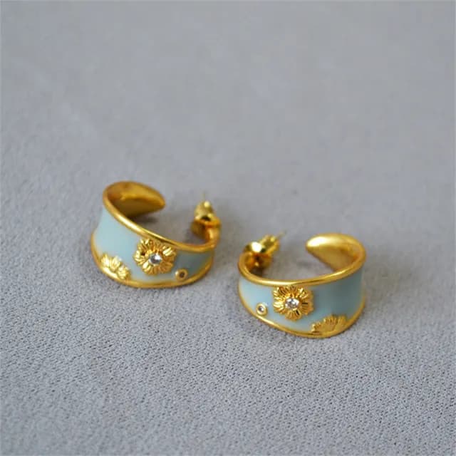 【MoonDy】雙11 C型耳環 法式耳環 珐琅耳環 花朵耳環 耳圈 復古耳環 耳飾 手工耳環 純銀耳還 藍