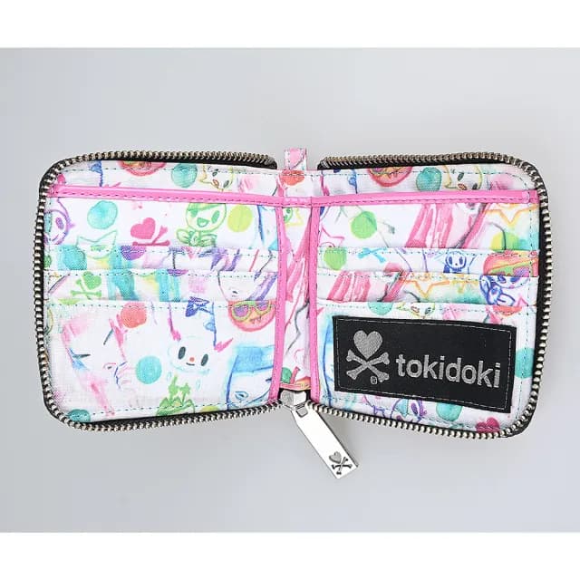 【TOKIDOKI】情人節禮物 TOKIDOKI 藍色透明LOGO日系塗鴉圖案尼龍對折拉鍊短夾(粉紅x彩)