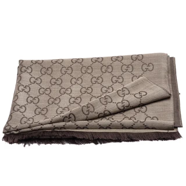 【GUCCI 古馳】經典GG緹花雙色羊毛混絲流蘇圍巾/披肩(180X45褐色165904-3G646-9664)