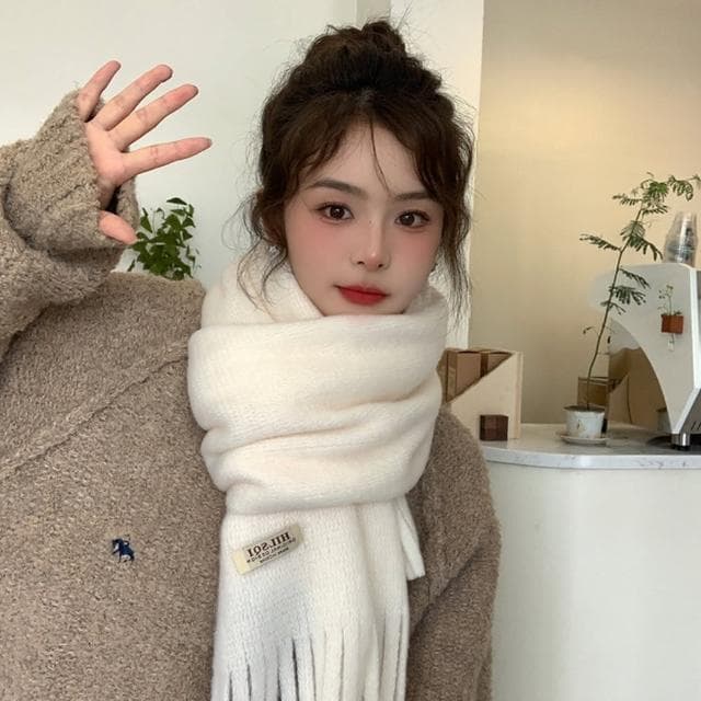 【The Rare】韓版純色流蘇秋冬圍巾女 加絨加厚保暖圍脖 針織圍巾(聖誕交換禮物)