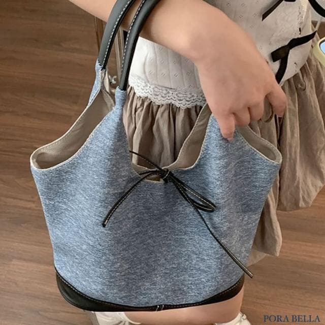 【Porabella】蝴蝶結簡約休閒手拿包 牛仔帆布包單肩包托特包 ins風 送女友 情人節禮物首選 Denim Bag